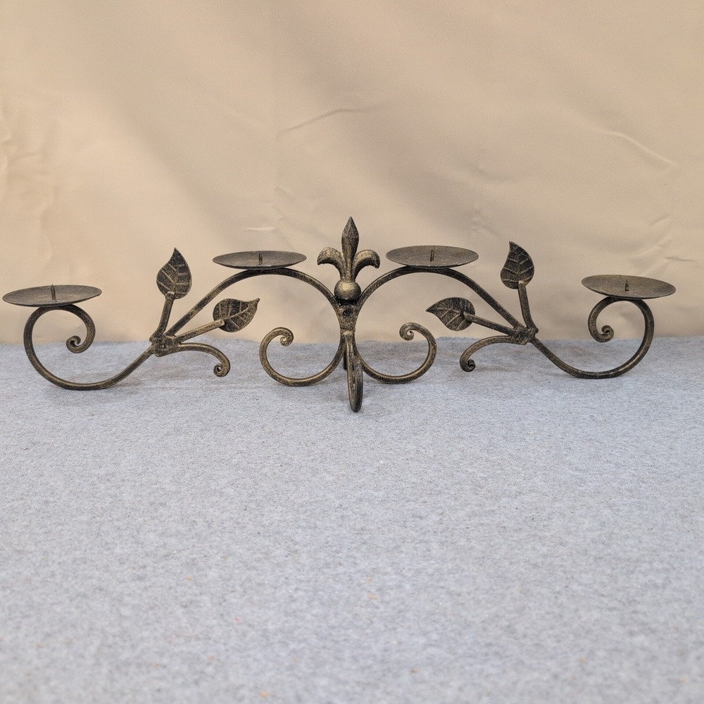 Bronze Fleur-de-Lis 4-Pillar Metal Candelabra Scroll Leaf Mantel Centerpiece - Picture 1 of 5